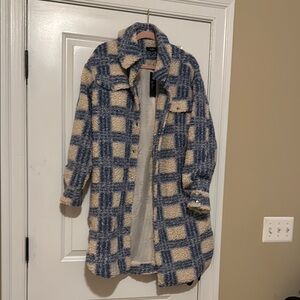 Lulus Plaid Blue and Cream Women's Coat